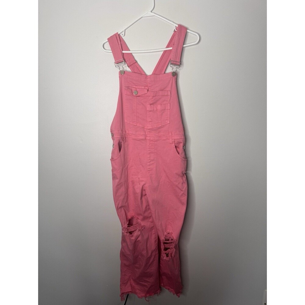 Risen Jean High Rise Distressed Overalls Womens XL Cropped Pink